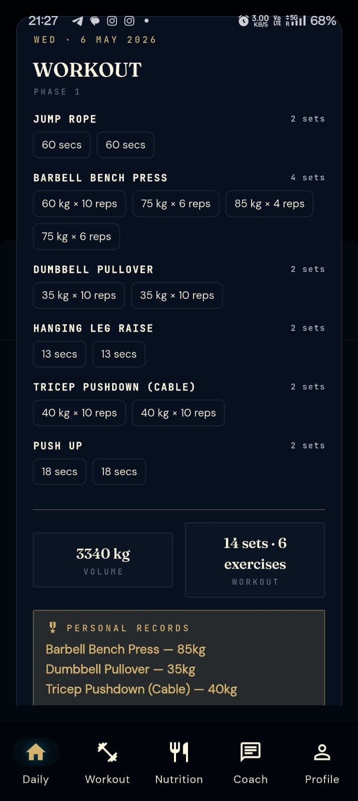 Avya — Workout screen